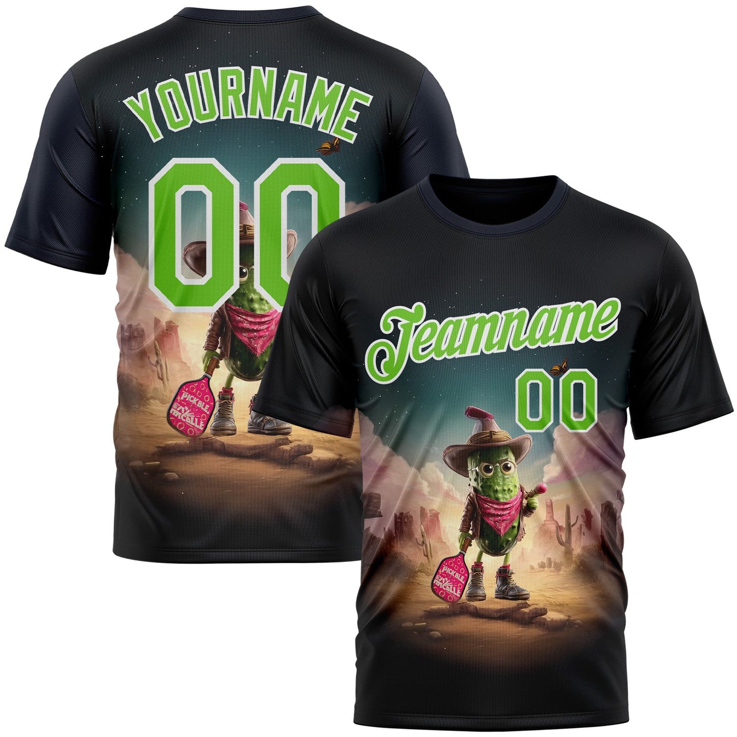 Custom Blue Aurora Green-White 3D Funny Pickleball Paddles Balls West Cowboy Performance T-Shirt - Main View