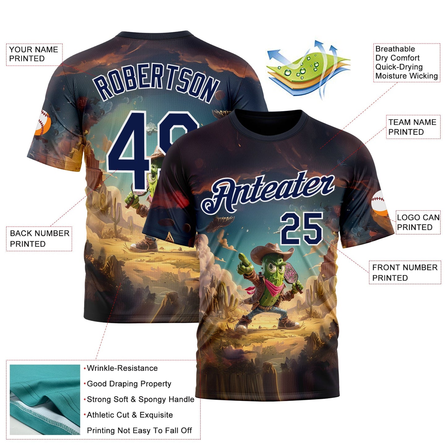 Custom Blue Navy-White 3D Funny Pickleball Paddles Balls West Cowboy Performance T-Shirt view 2