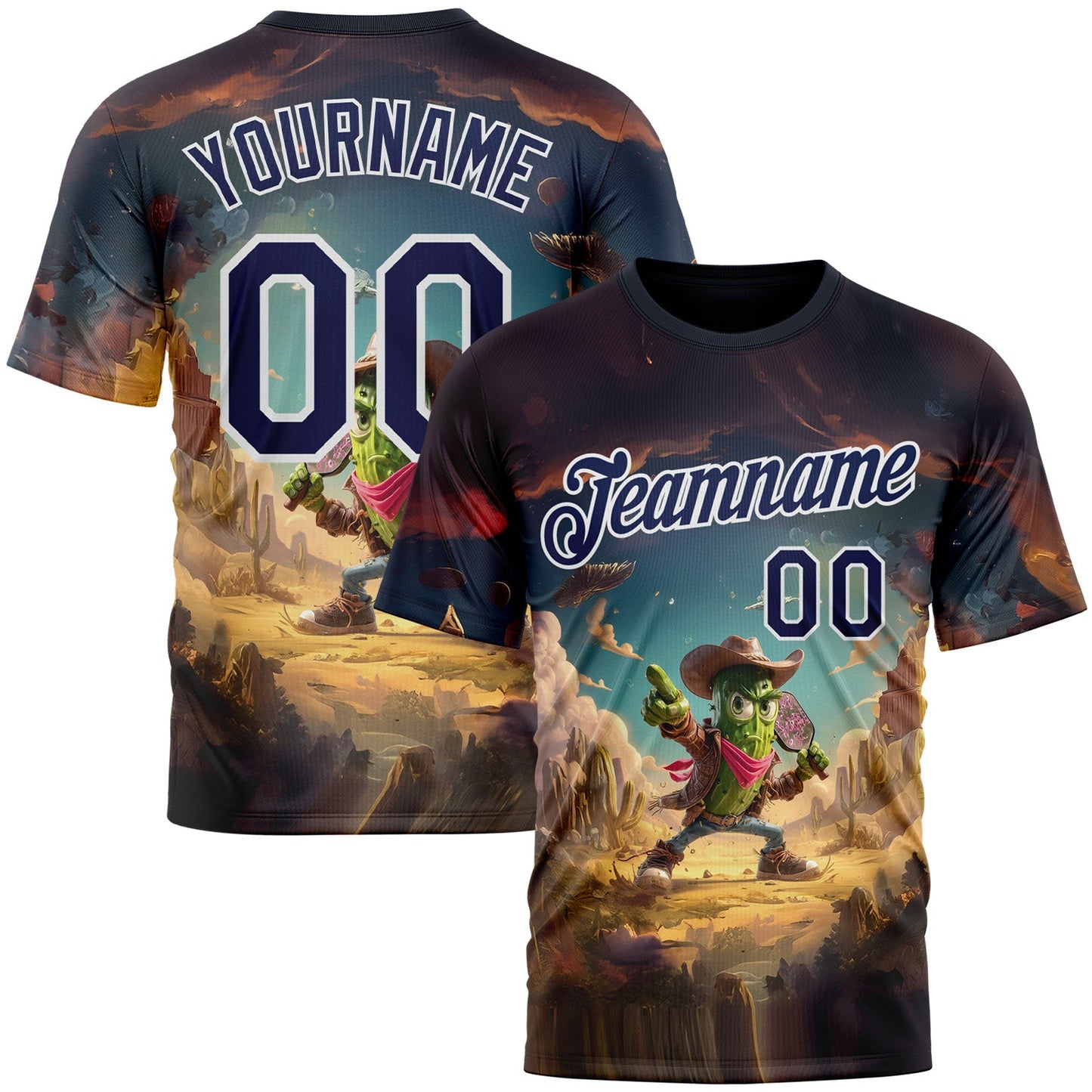 Custom Blue Navy-White 3D Funny Pickleball Paddles Balls West Cowboy Performance T-Shirt - Main View