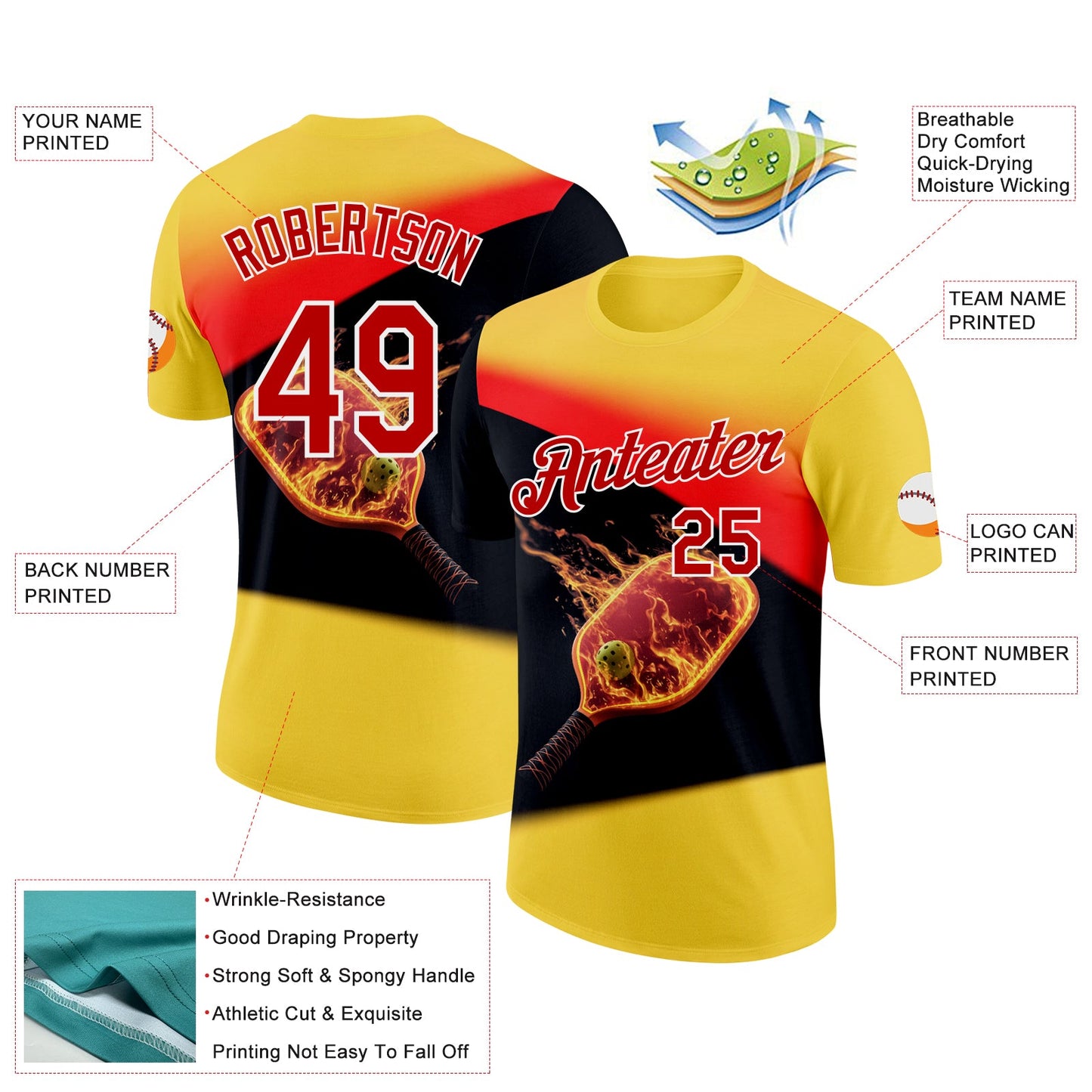 Custom Yellow Red Black-White 3D Flame Pickleball Paddles Balls Performance T-Shirt view 2