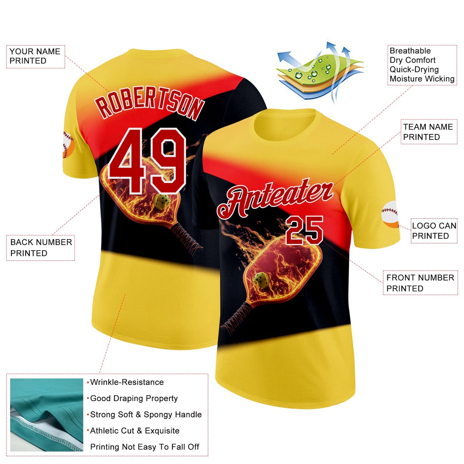 Custom Yellow Red Black-White 3D Flame Pickleball Paddles Balls Performance T-Shirt view 2