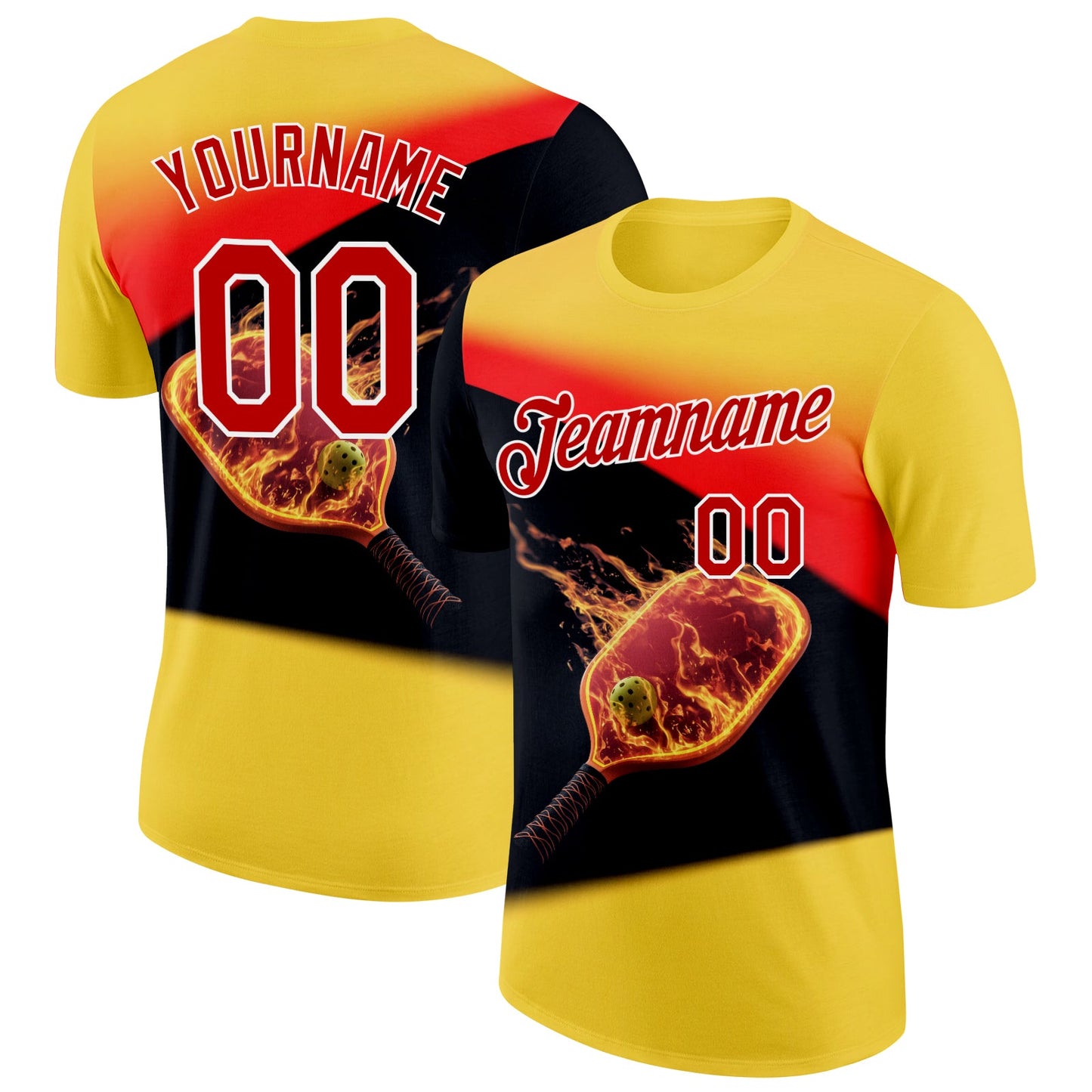 Custom Yellow Red Black-White 3D Flame Pickleball Paddles Balls Performance T-Shirt - Main View