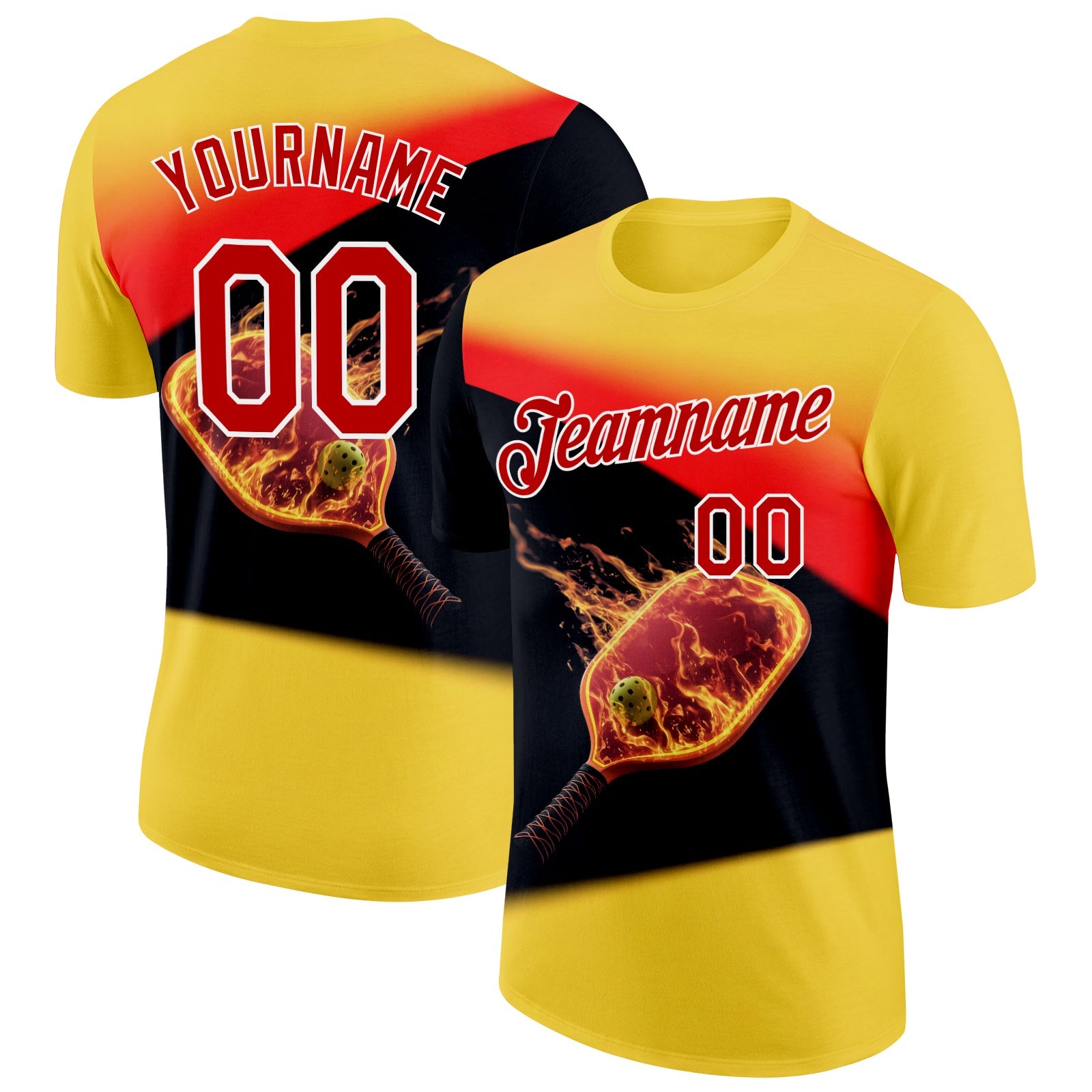 Custom Yellow Red Black-White 3D Flame Pickleball Paddles Balls Performance T-Shirt - Main View