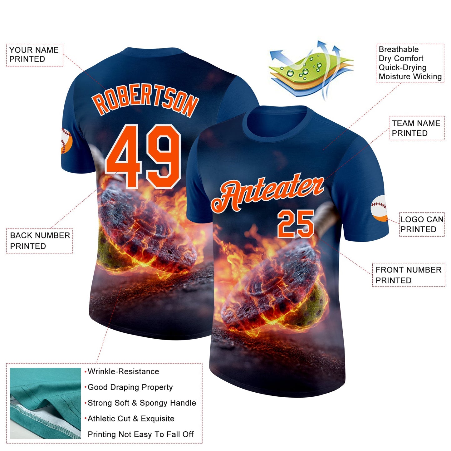 Custom Blue Orange-White 3D Flame Pickleball Paddles Balls Performance T-Shirt view 2