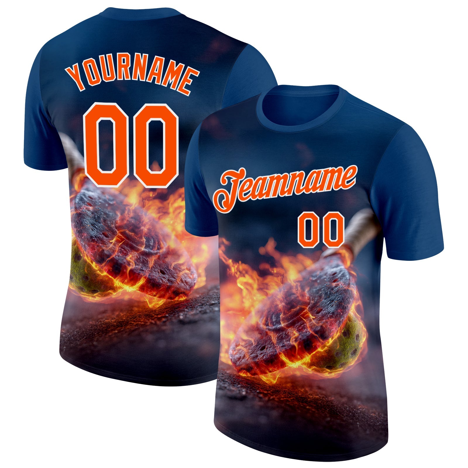Custom Blue Orange-White 3D Flame Pickleball Paddles Balls Performance T-Shirt - Main View