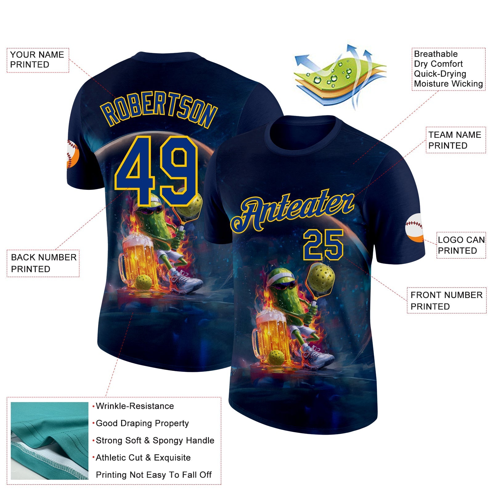 Custom Navy Royal-Yellow 3D Funny Pickleball Paddles Balls Beer Performance T-Shirt view 2