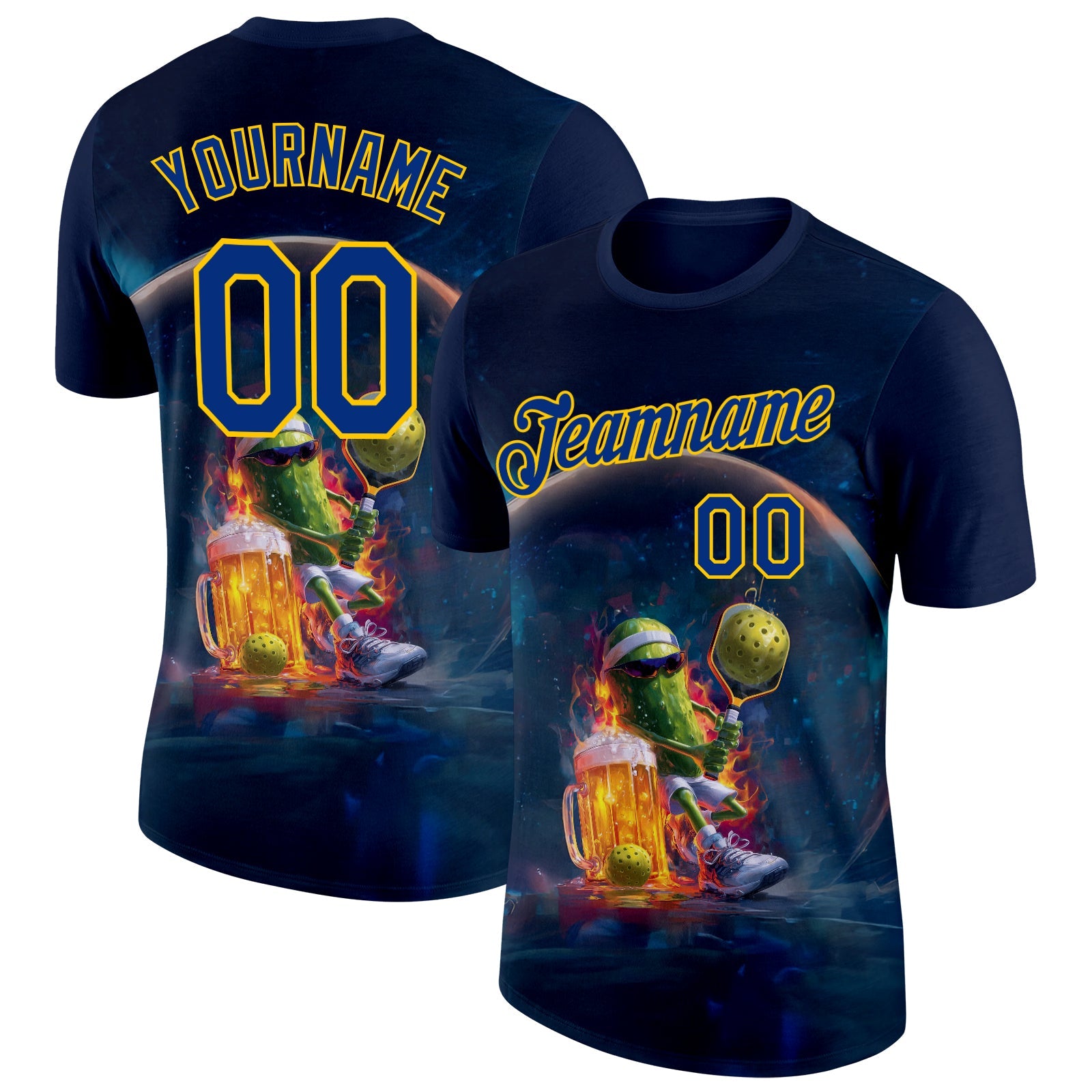 Custom Navy Royal-Yellow 3D Funny Pickleball Paddles Balls Beer Performance T-Shirt - Main View