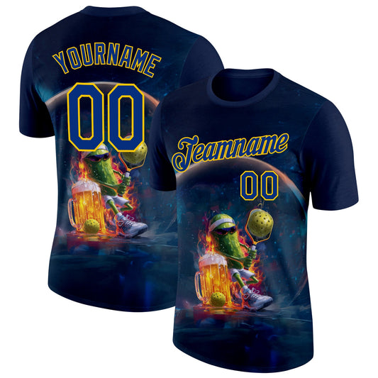 Custom Navy Royal-Yellow 3D Funny Pickleball Paddles Balls Beer Performance T-Shirt - Main View