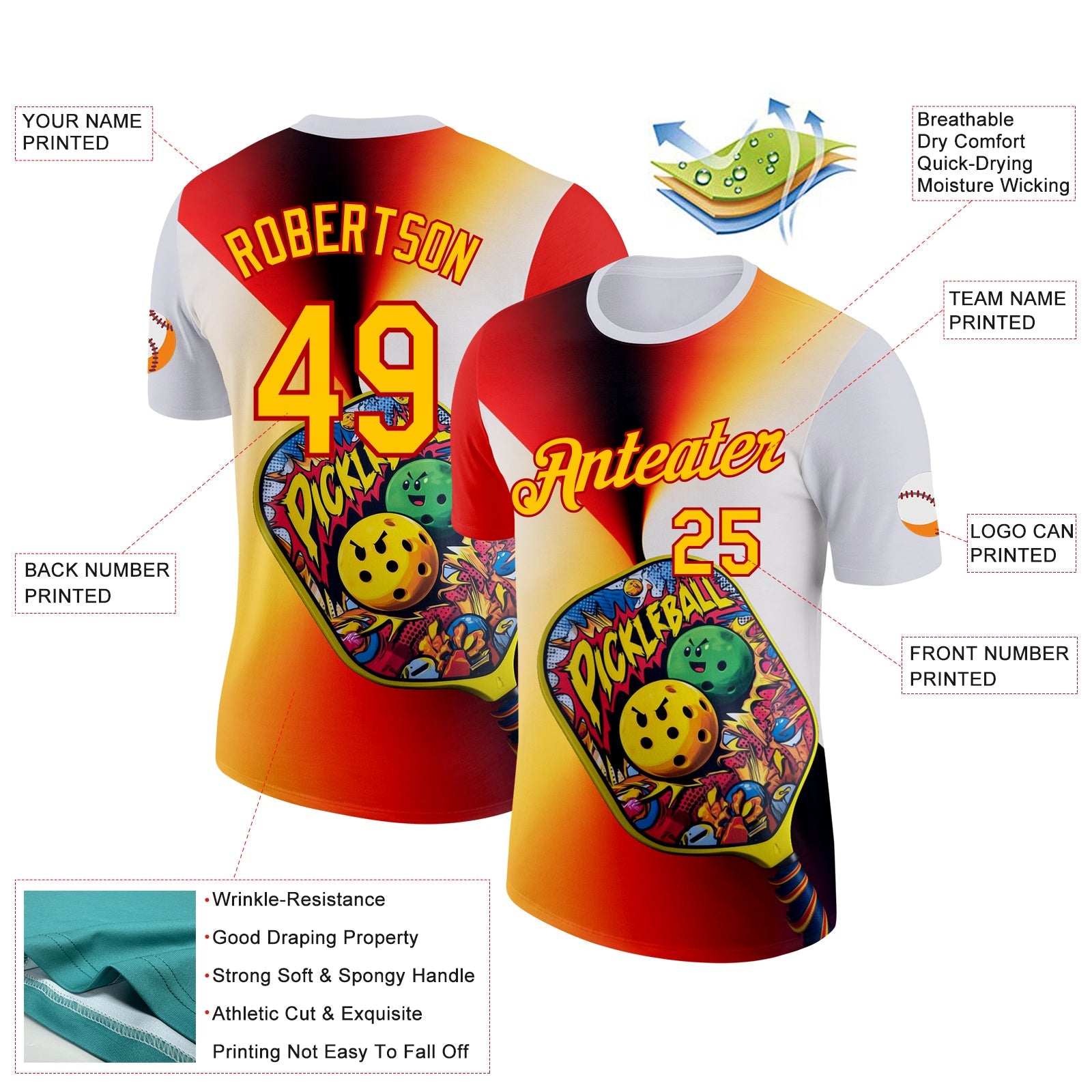 Custom White Yellow-Red 3D Graffiti Pickleball Paddles Balls Performance T-Shirt view 2