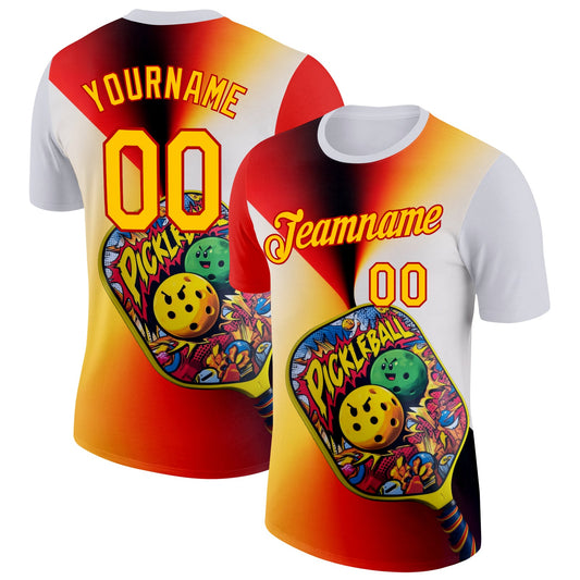 Custom White Yellow-Red 3D Graffiti Pickleball Paddles Balls Performance T-Shirt - Main View