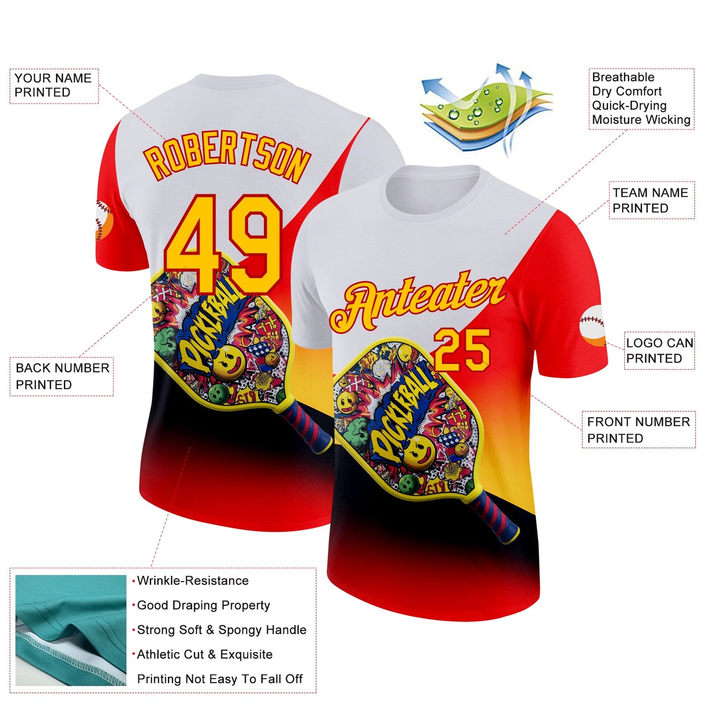 Custom White Yellow-Red 3D Graffiti Pickleball Paddles Balls Performance T-Shirt view 2