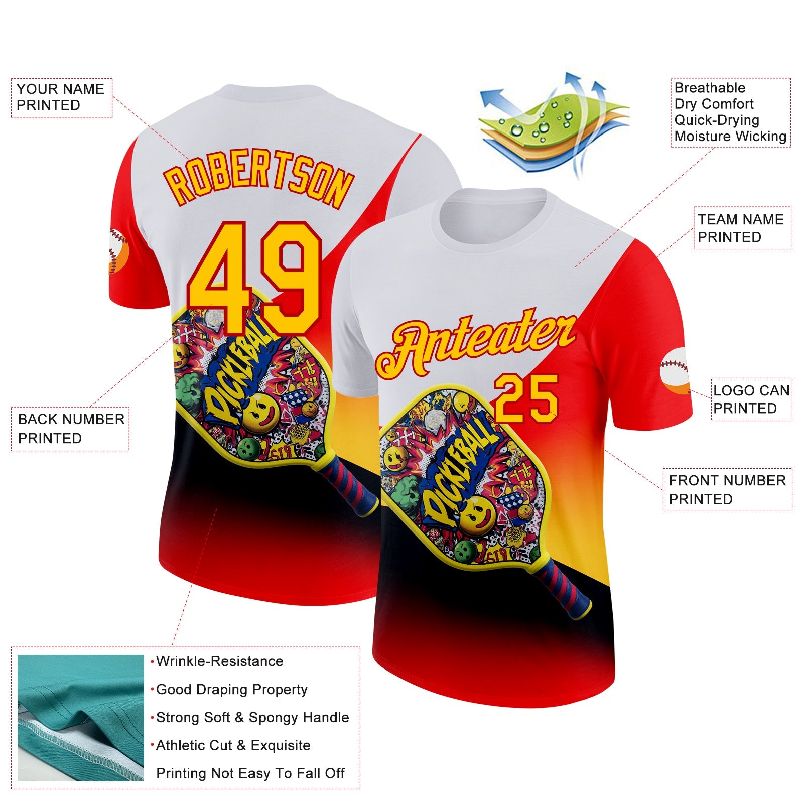 Custom White Yellow-Red 3D Graffiti Pickleball Paddles Balls Performance T-Shirt view 2