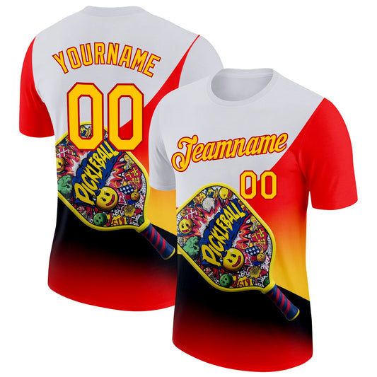 Custom White Yellow-Red 3D Graffiti Pickleball Paddles Balls Performance T-Shirt - Main View