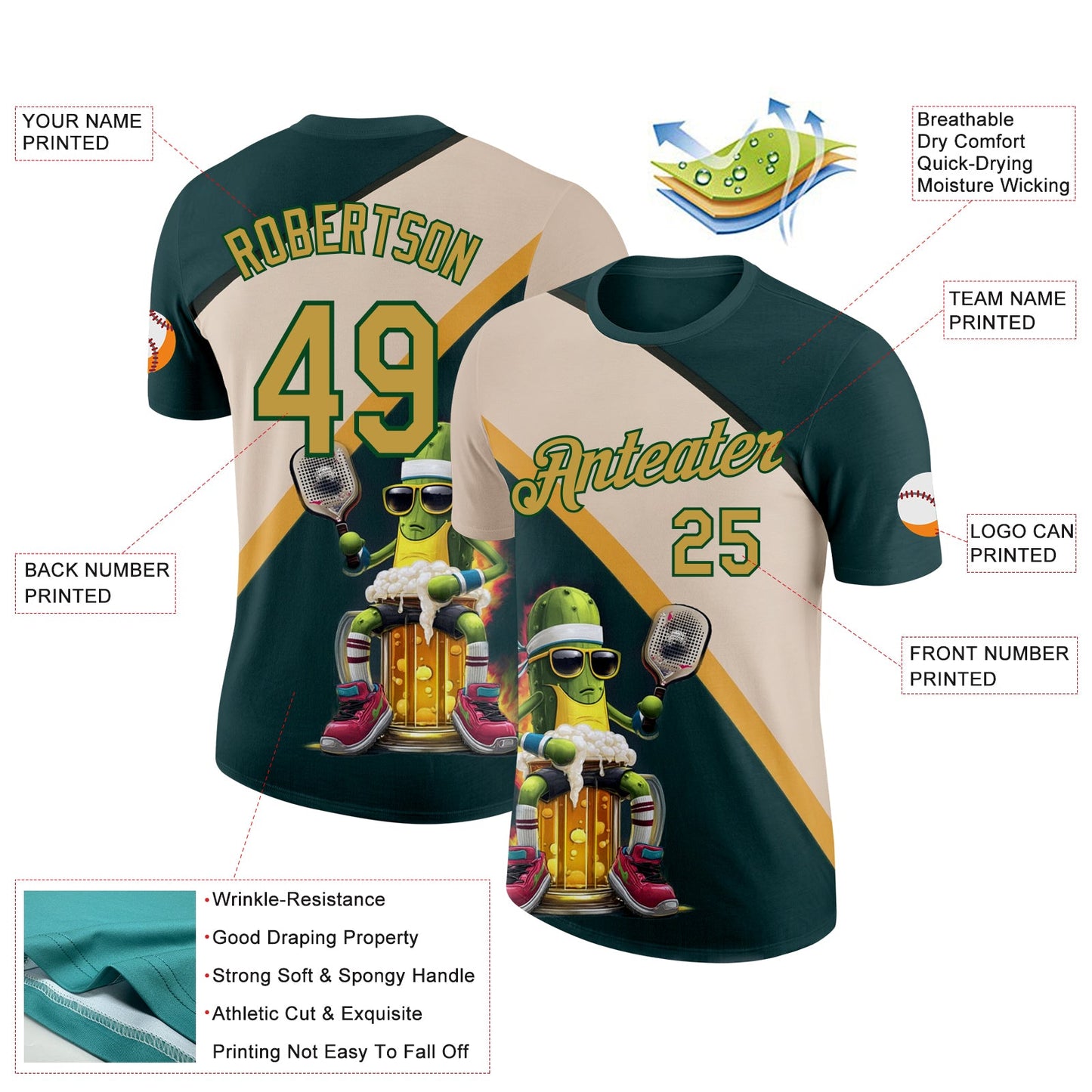 Custom Green Old Gold-Cream 3D Funny Pickleball Paddles Balls Beer Performance T-Shirt view 2