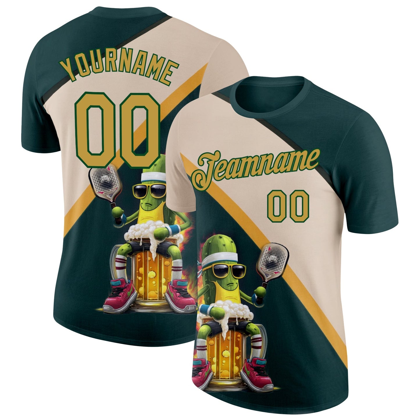 Custom Green Old Gold-Cream 3D Funny Pickleball Paddles Balls Beer Performance T-Shirt - Main View