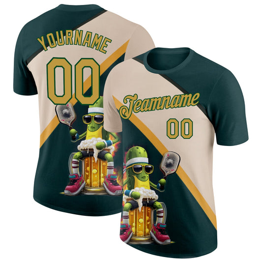 Custom Green Old Gold-Cream 3D Funny Pickleball Paddles Balls Beer Performance T-Shirt - Main View