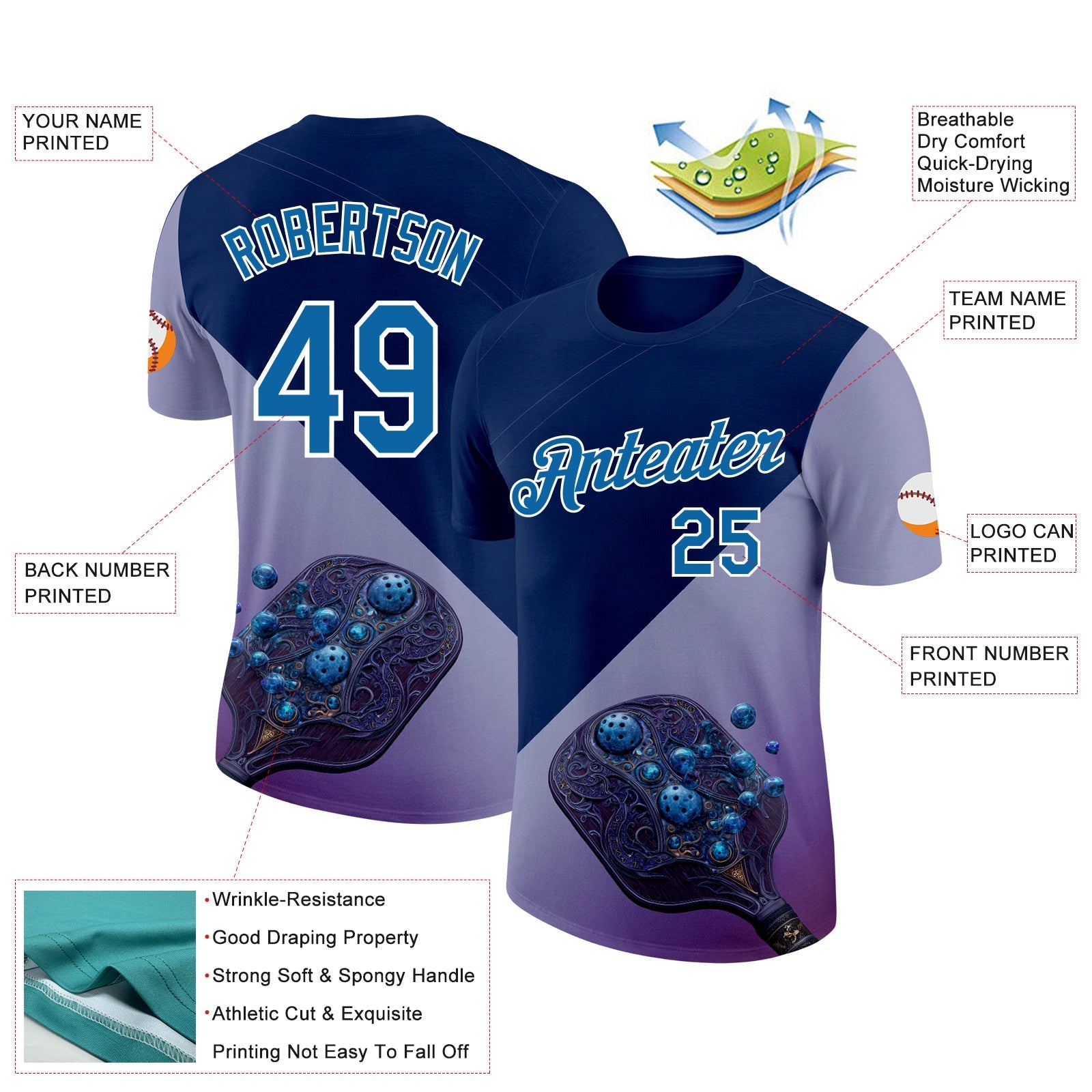 Custom Blue Purple-White 3D Pickleball Paddles Balls Blueberry Performance T-Shirt view 2