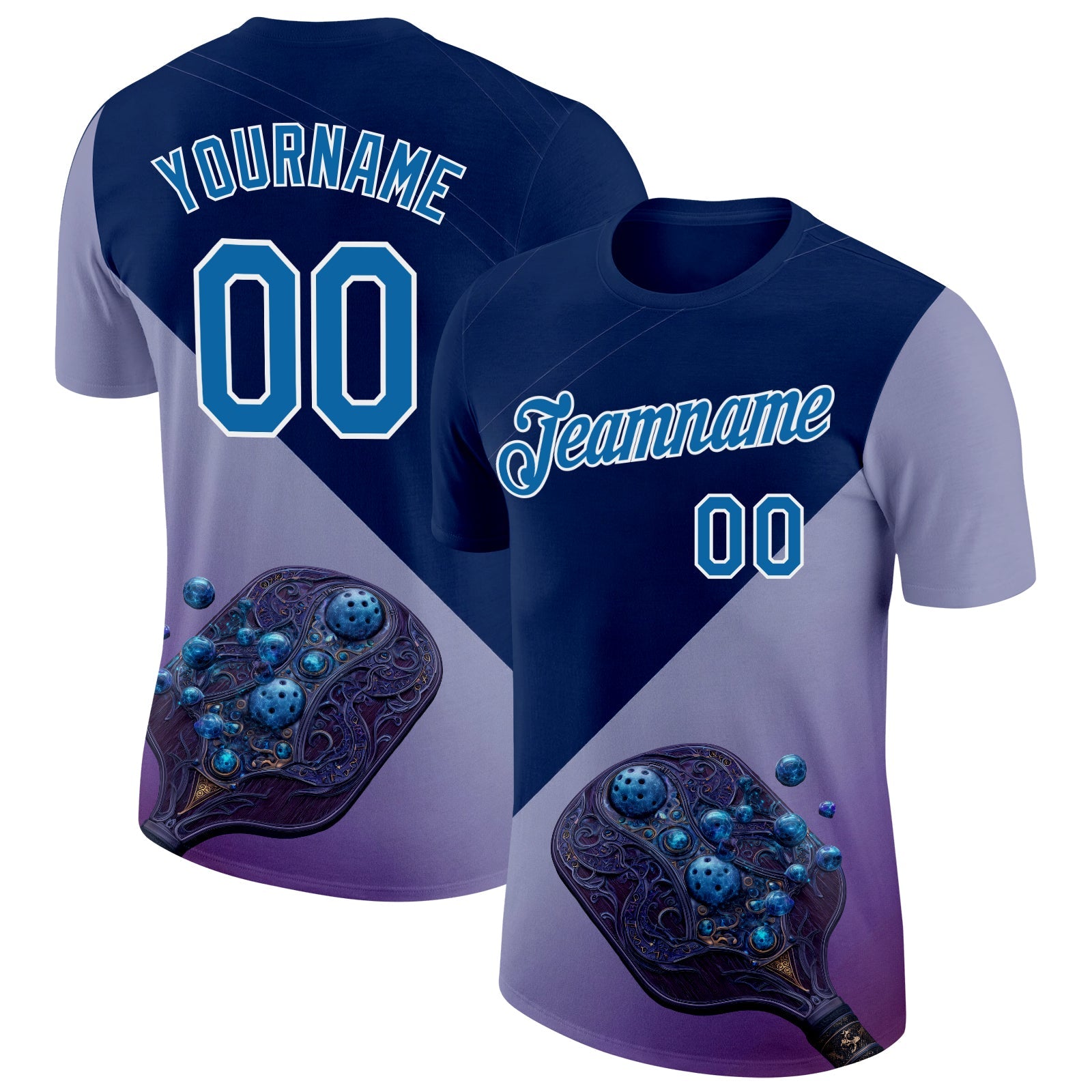 Custom Blue Purple-White 3D Pickleball Paddles Balls Blueberry Performance T-Shirt - Main View
