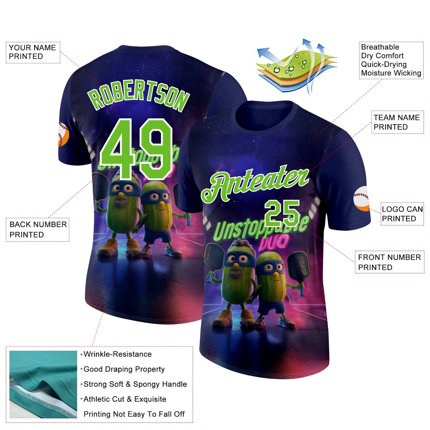 Custom Dark Purple Aurora Green-White 3D Funny Pickleball Paddles Performance T-Shirt view 2