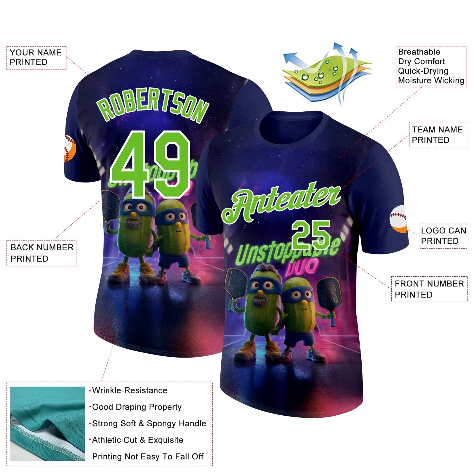 Custom Dark Purple Aurora Green-White 3D Funny Pickleball Paddles Performance T-Shirt view 2
