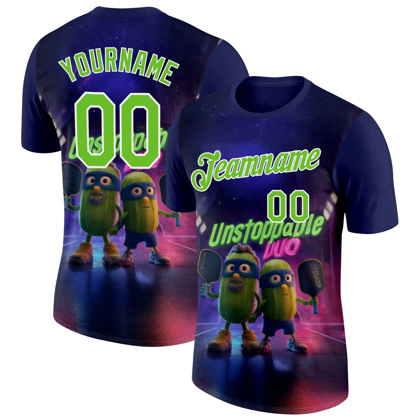 Custom Dark Purple Aurora Green-White 3D Funny Pickleball Paddles Performance T-Shirt - Main View