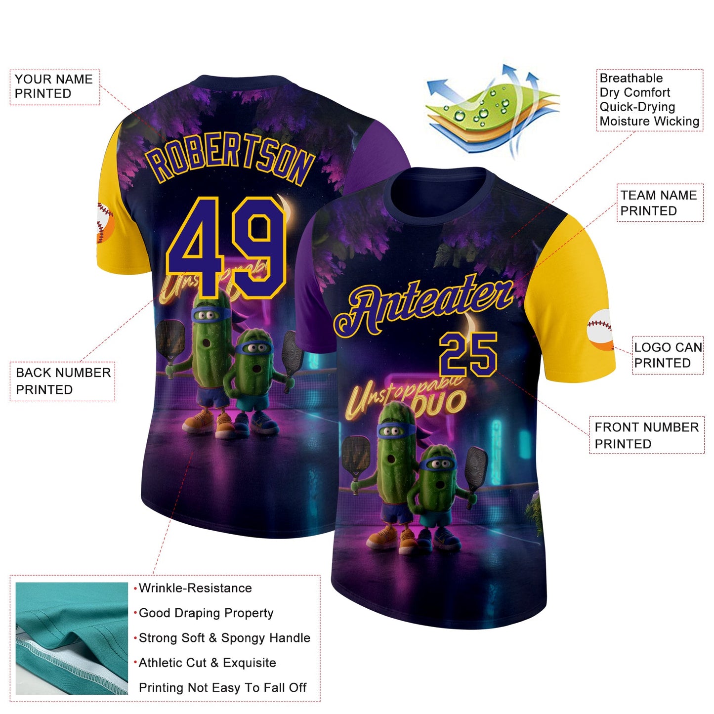 Custom Dark Purple Yellow 3D Funny Pickleball Paddles Balls Performance T-Shirt view 2
