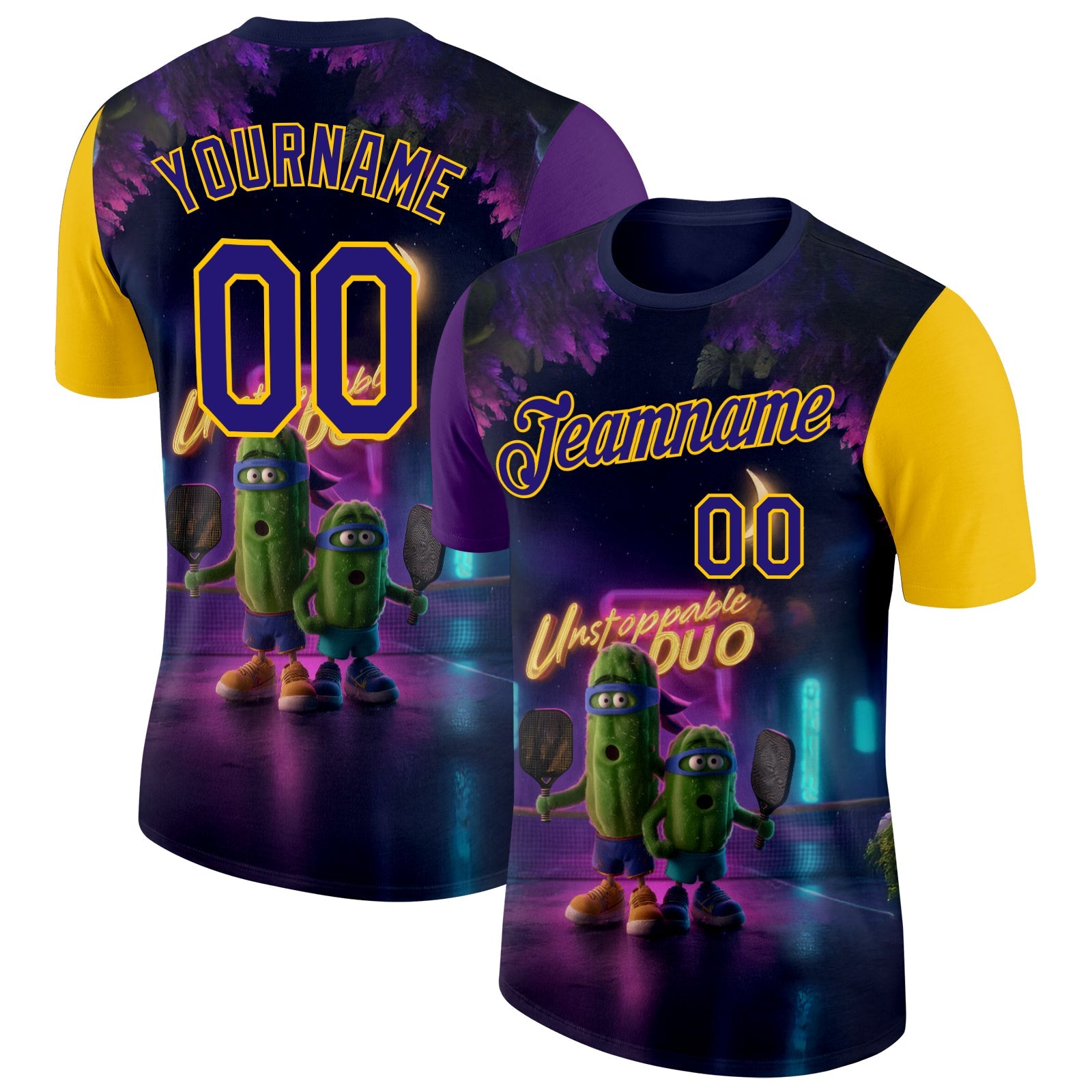 Custom Dark Purple Yellow 3D Funny Pickleball Paddles Balls Performance T-Shirt - Main View