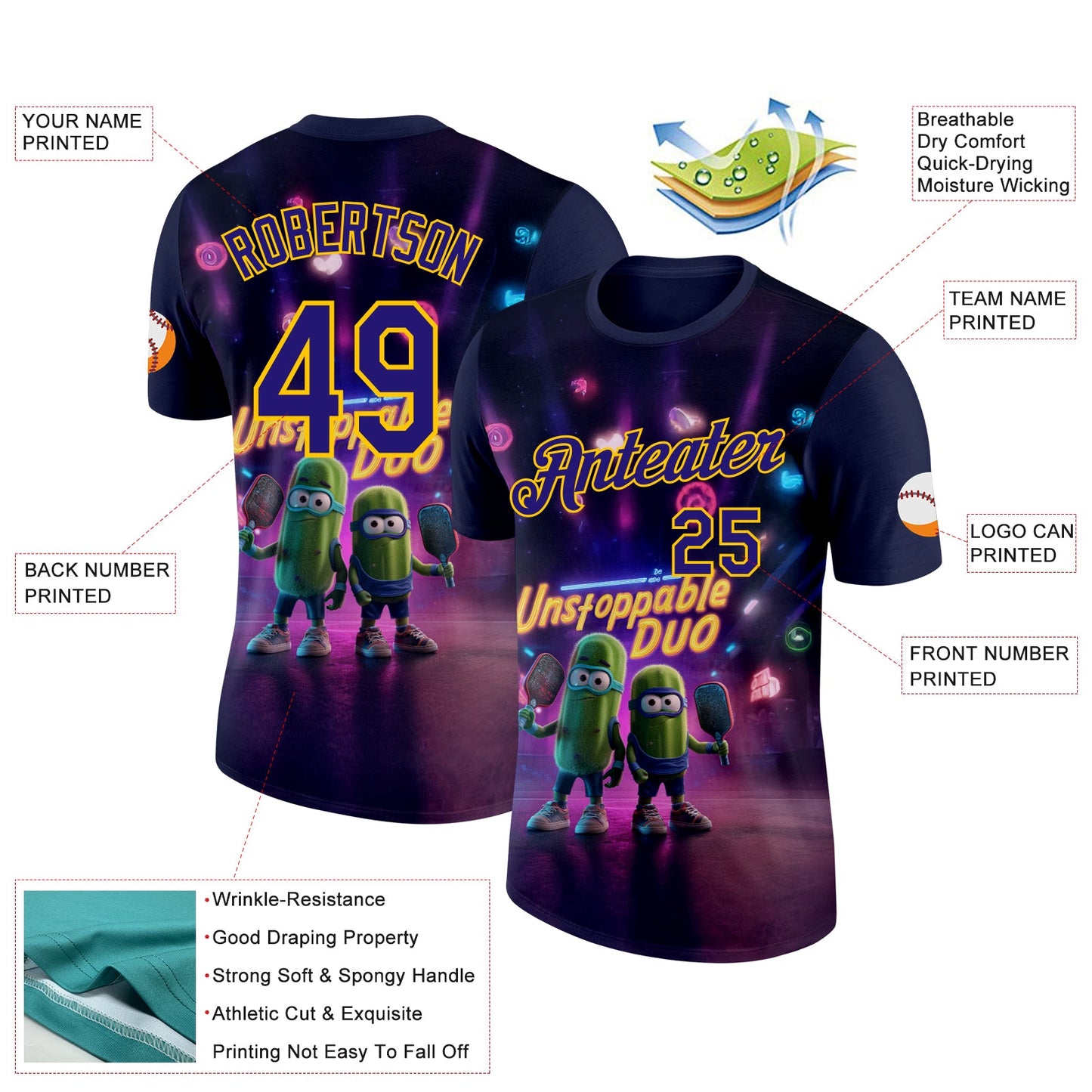 Custom Purple Dark Purple-Yellow 3D Funny Pickleball Paddles Balls Performance T-Shirt view 2