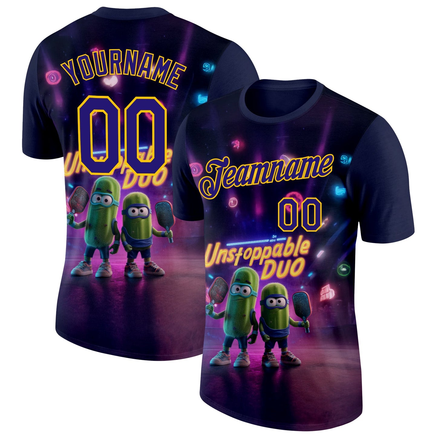 Custom Purple Dark Purple-Yellow 3D Funny Pickleball Paddles Balls Performance T-Shirt - Main View
