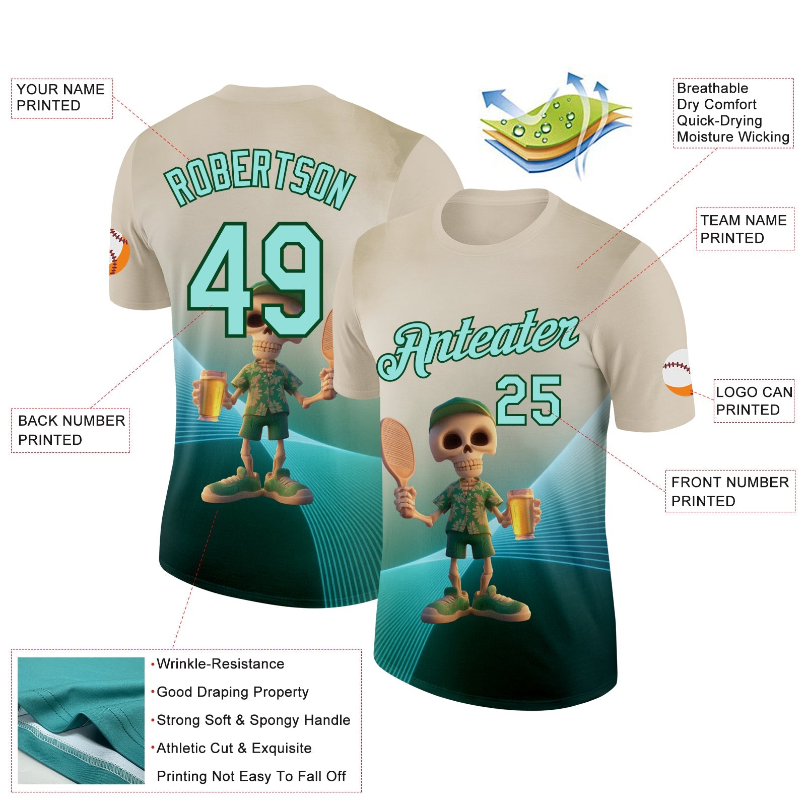 Custom Cream Ice Blue-Green 3D Funny Pickleball Paddles Skeleton Performance T-Shirt view 2