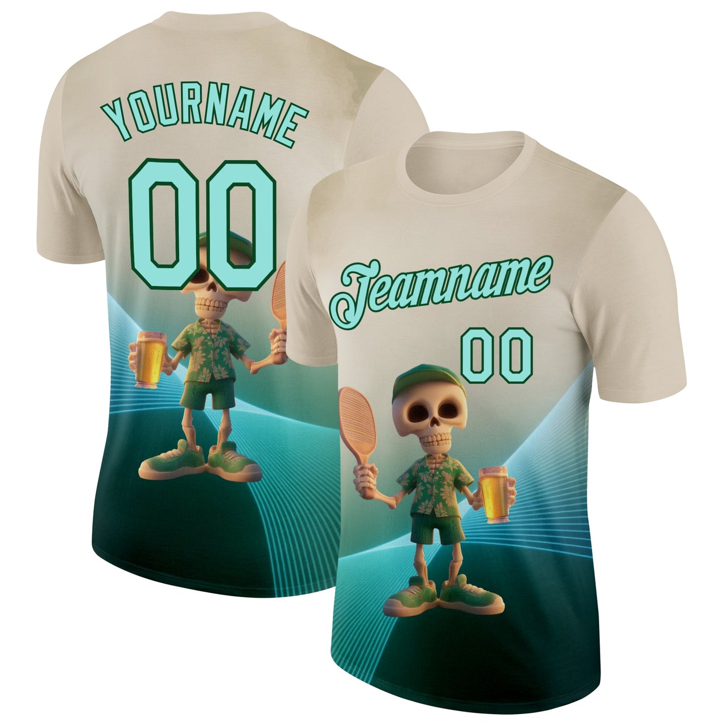 Custom Cream Ice Blue-Green 3D Funny Pickleball Paddles Skeleton Performance T-Shirt - Main View
