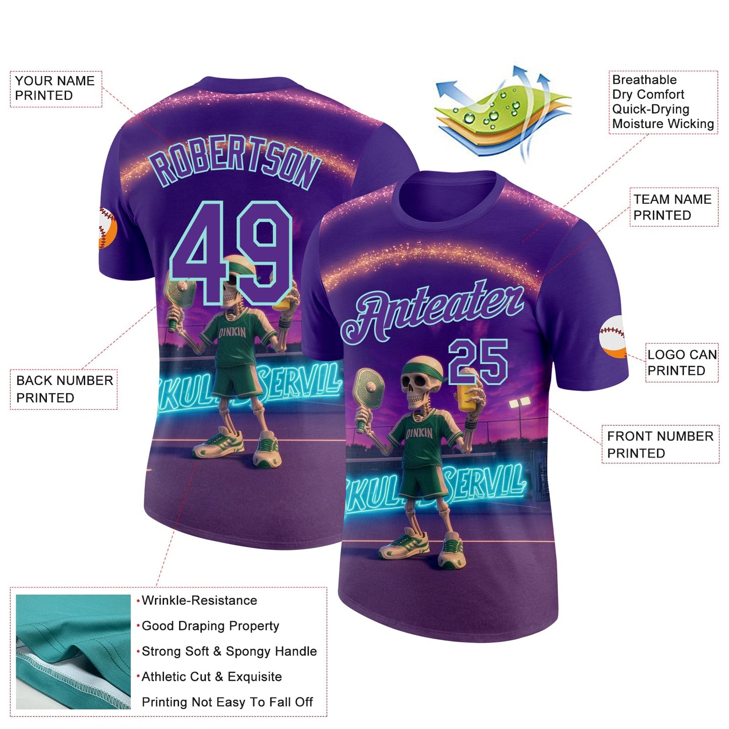 Custom Purple Ice Blue 3D Funny Pickleball Paddles Balls Skeleton Performance T-Shirt view 2