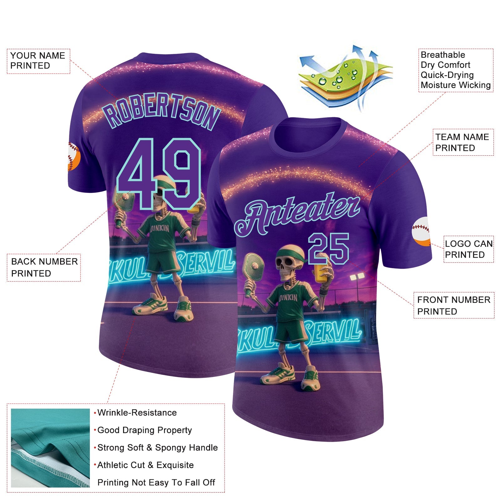 Custom Purple Ice Blue 3D Funny Pickleball Paddles Balls Skeleton Performance T-Shirt view 2