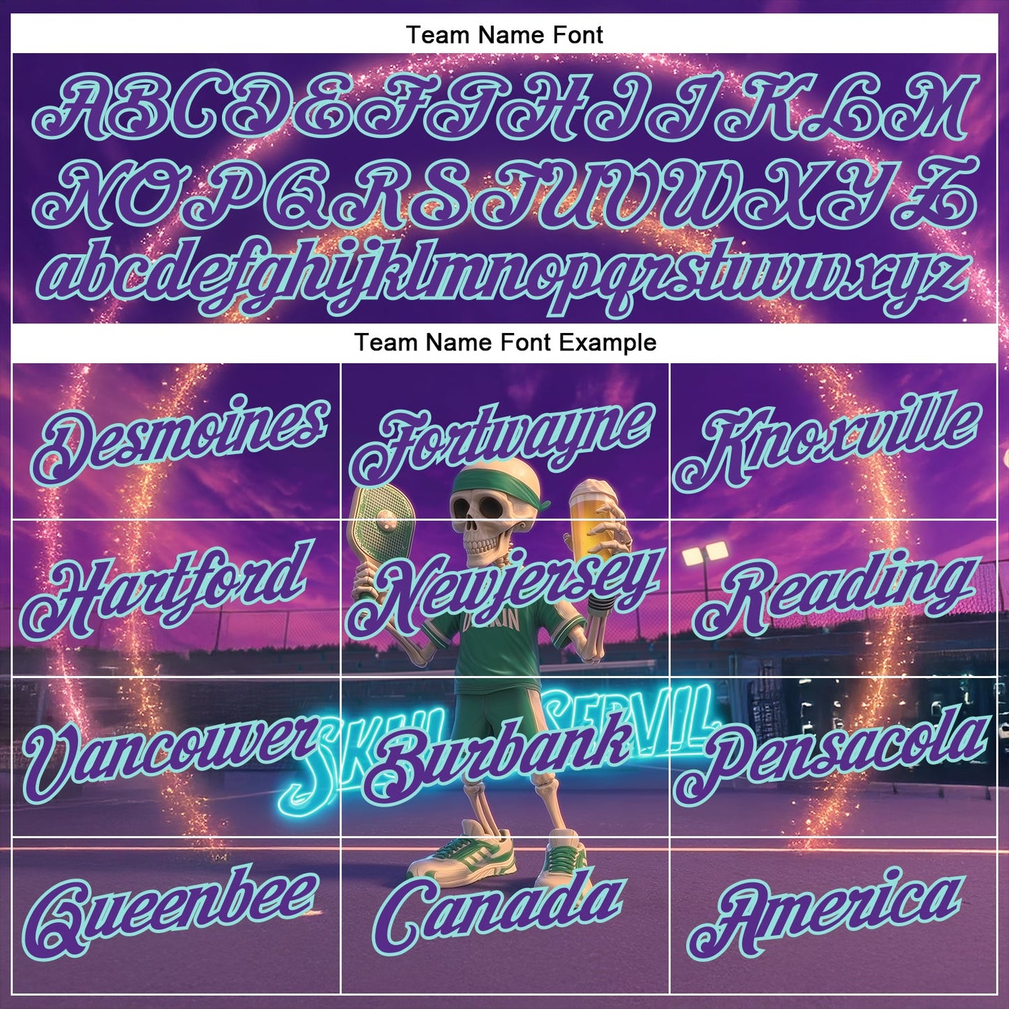 Custom Purple Ice Blue 3D Funny Pickleball Paddles Balls Skeleton Performance T-Shirt view 3