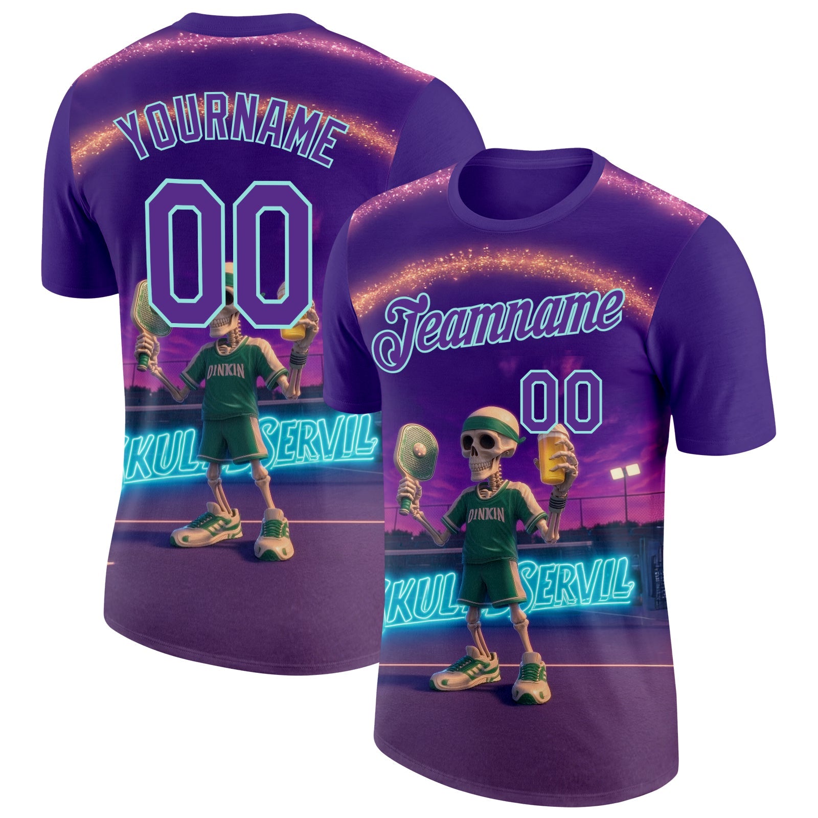 Custom Purple Ice Blue 3D Funny Pickleball Paddles Balls Skeleton Performance T-Shirt - Main View