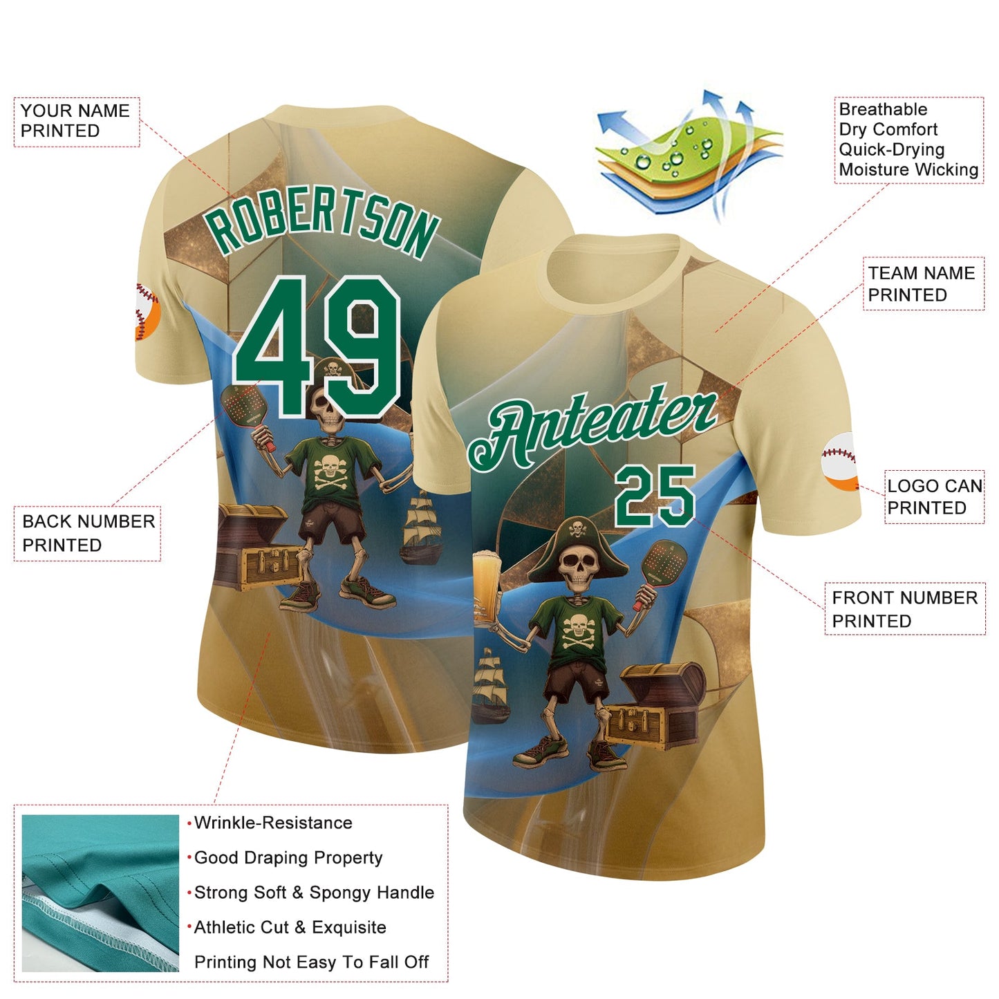 Custom Cream Kelly Green-White 3D Funny Pickleball Paddles Pirate Skeleton Performance T-Shirt view 2