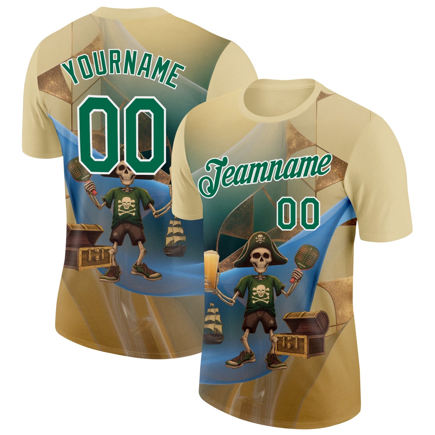 Custom Cream Kelly Green-White 3D Funny Pickleball Paddles Pirate Skeleton Performance T-Shirt - Main View