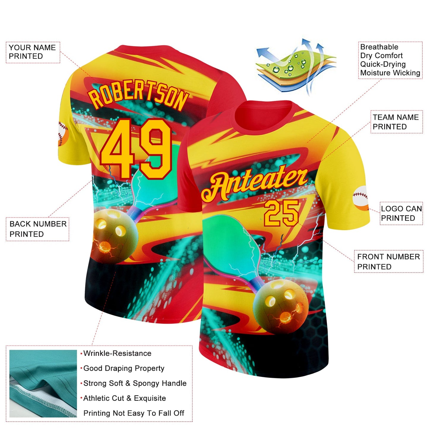 Custom Red Yellow-Blue 3D Pickleball Paddles Balls Performance T-Shirt view 2