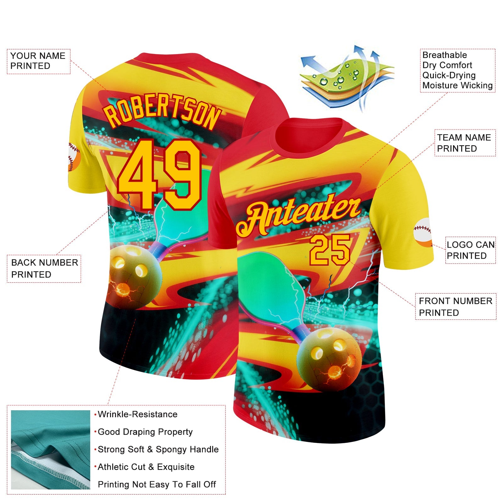 Custom Red Yellow-Blue 3D Pickleball Paddles Balls Performance T-Shirt view 2