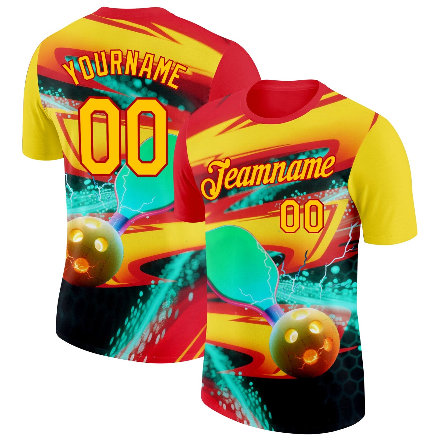 Custom Red Yellow-Blue 3D Pickleball Paddles Balls Performance T-Shirt - Main View