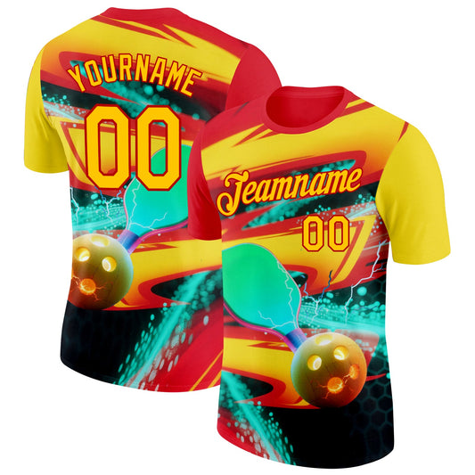 Custom Red Yellow-Blue 3D Pickleball Paddles Balls Performance T-Shirt - Main View