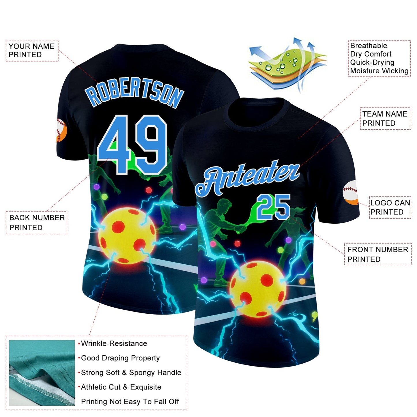 Custom Navy Powder Blue-White 3D Charged Pickleball Paddles Balls Court Performance T-Shirt view 2