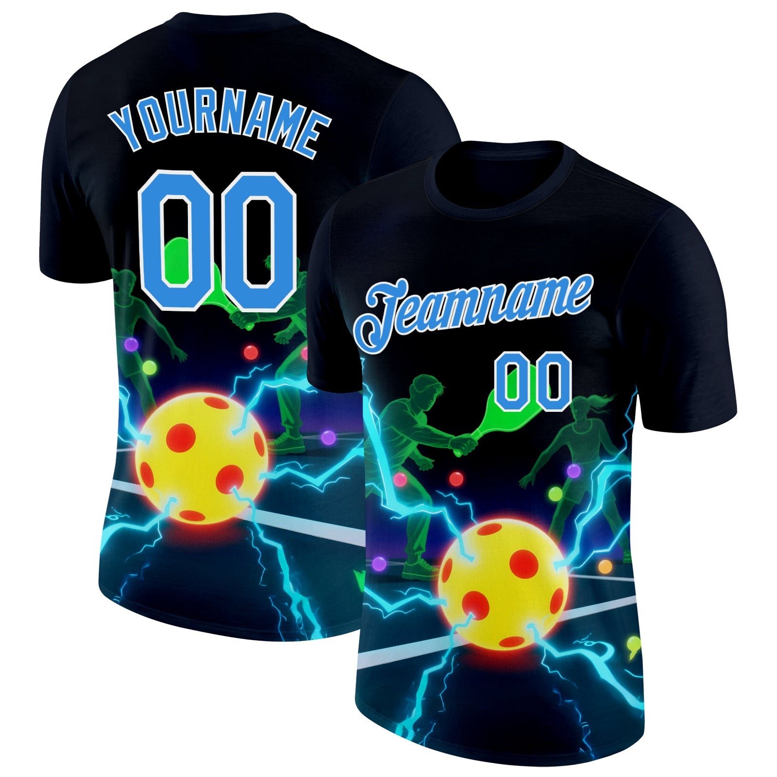 Custom Navy Powder Blue-White 3D Charged Pickleball Paddles Balls Court Performance T-Shirt - Main View
