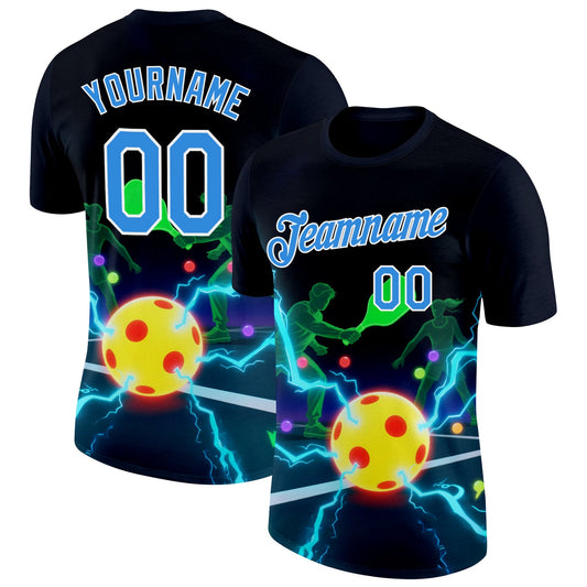 Custom Navy Powder Blue-White 3D Charged Pickleball Paddles Balls Court Performance T-Shirt - Main View