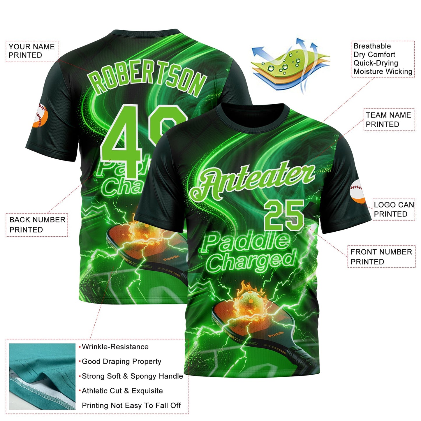 Custom Green Aurora Green-White 3D Charged Pickleball Paddles Balls Court Performance T-Shirt view 2