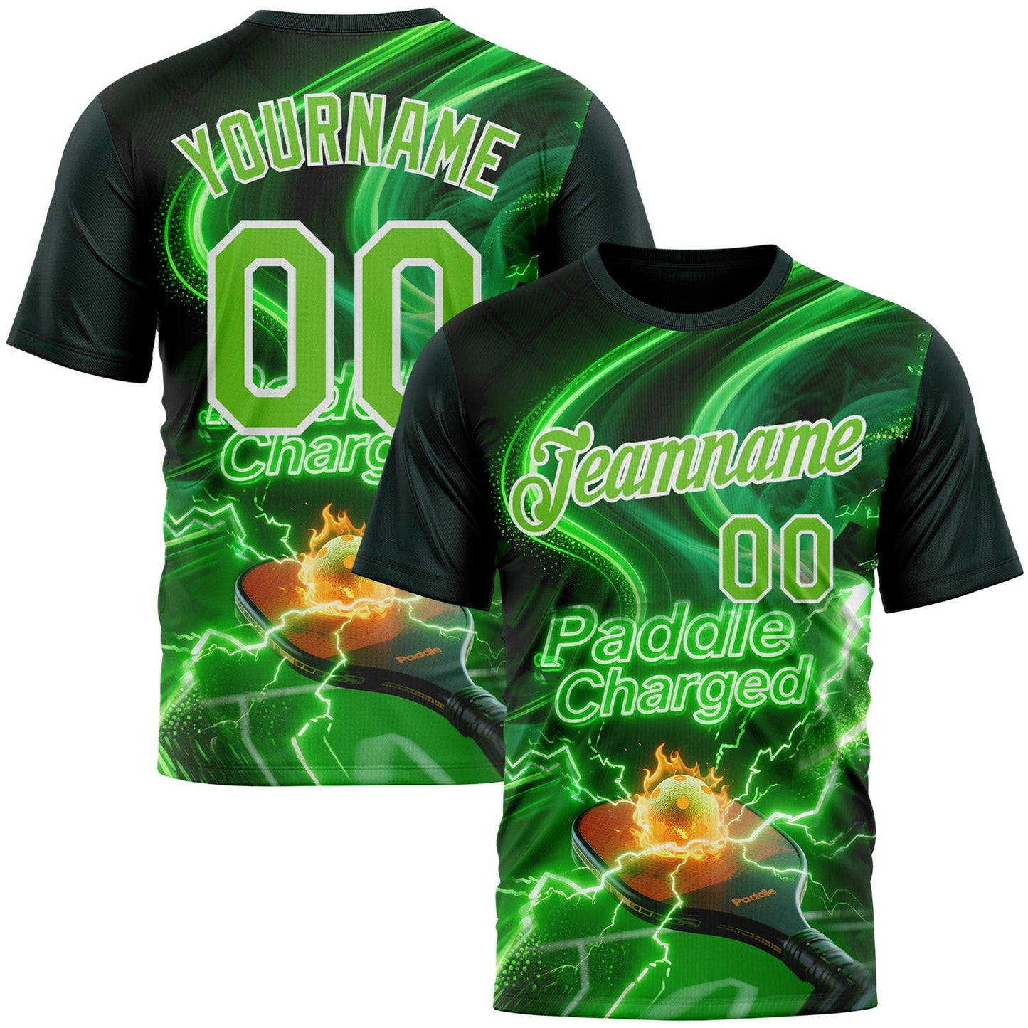 Custom Green Aurora Green-White 3D Charged Pickleball Paddles Balls Court Performance T-Shirt - Main View