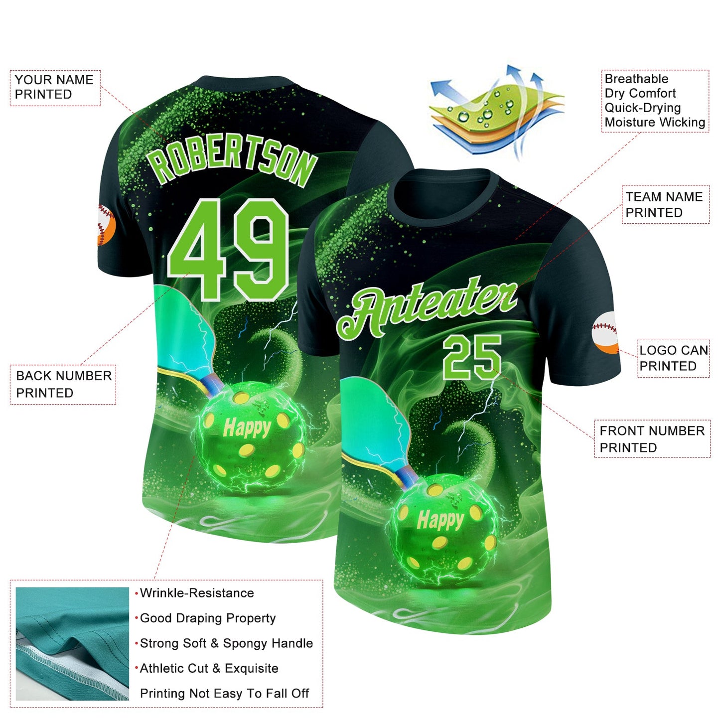 Custom Green Aurora Green-White 3D Charged Happy Pickleball Paddles Balls Performance T-Shirt view 2