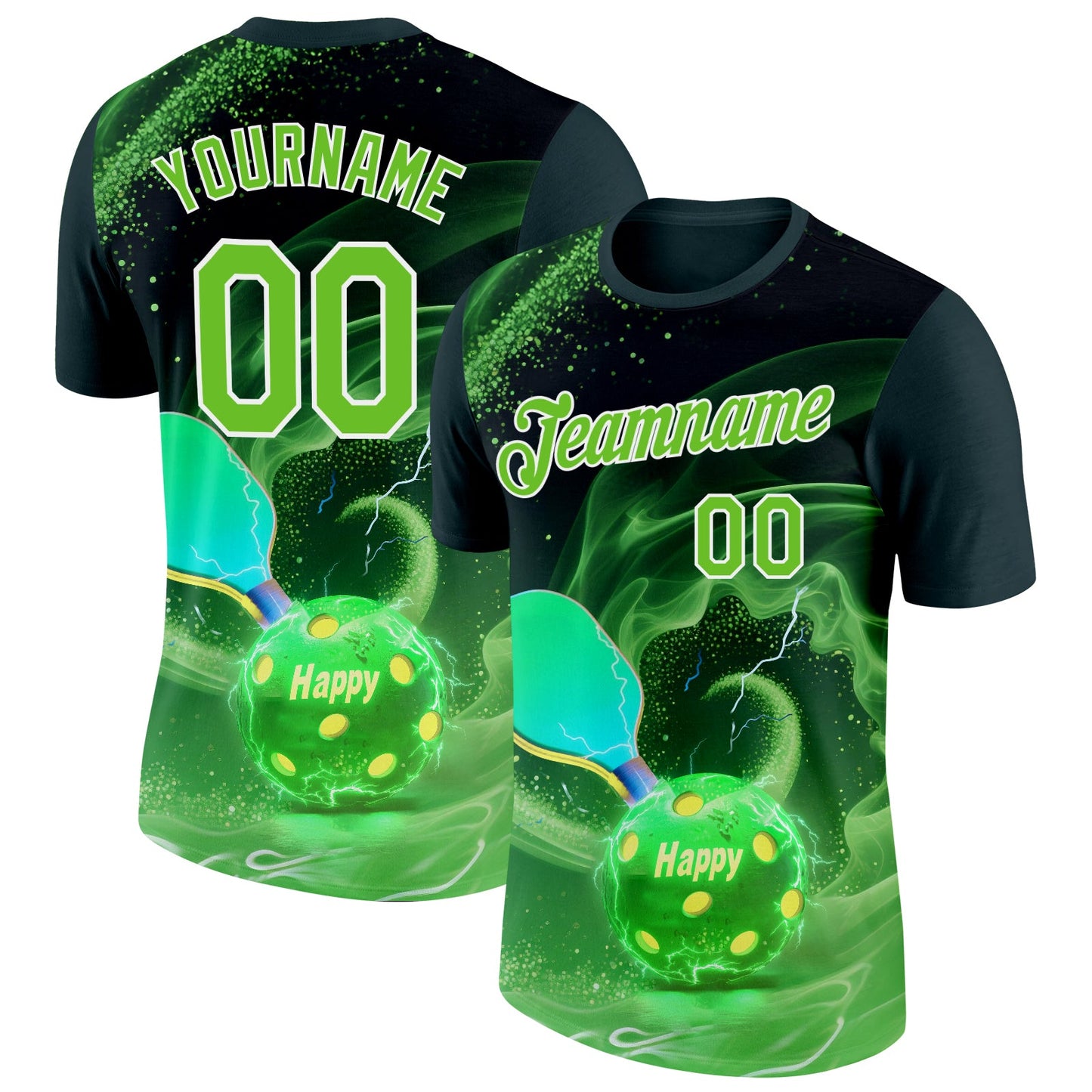 Custom Green Aurora Green-White 3D Charged Happy Pickleball Paddles Balls Performance T-Shirt - Main View