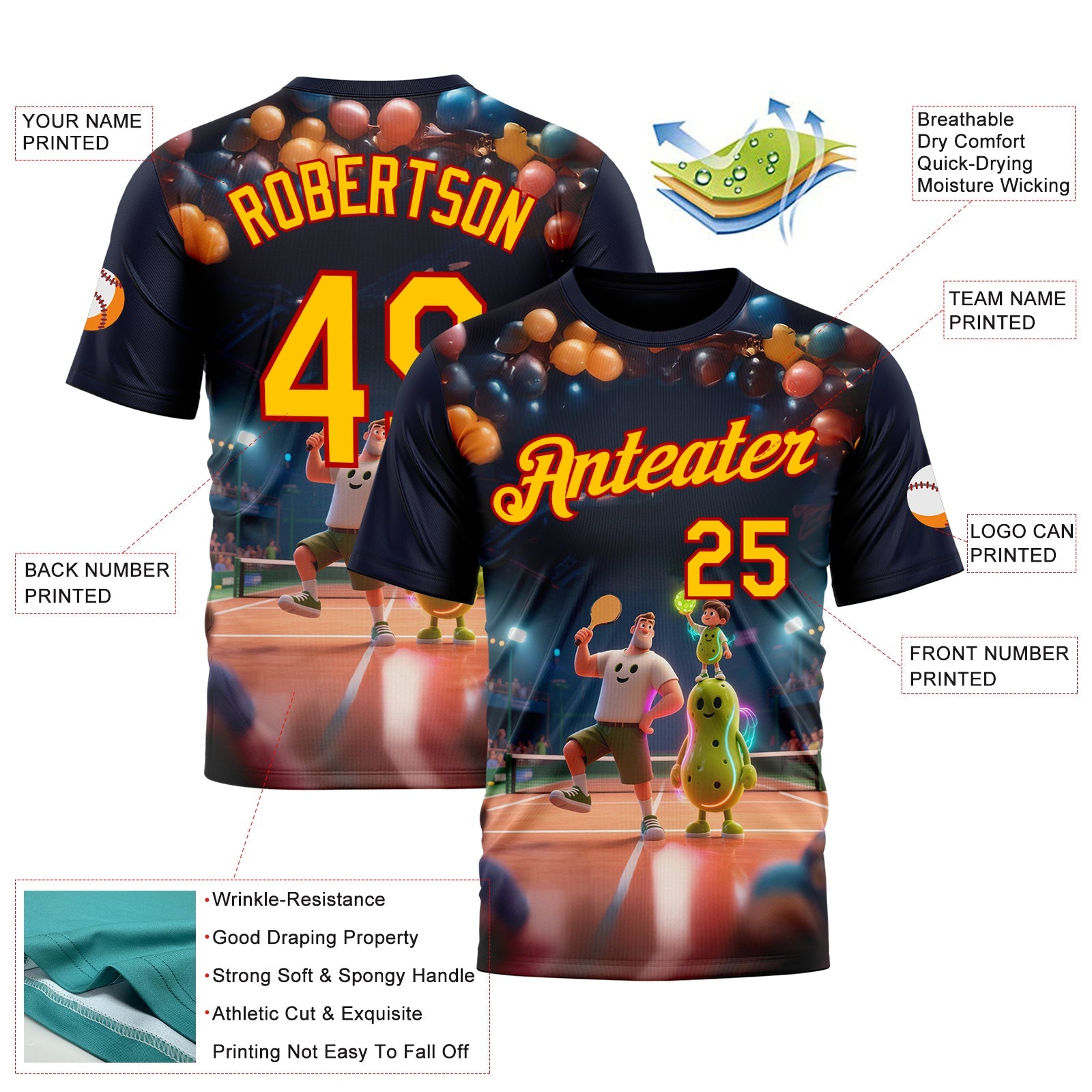 Custom Navy Yellow-Red 3D Happy Family Pickleball Paddles Balls Performance T-Shirt view 2