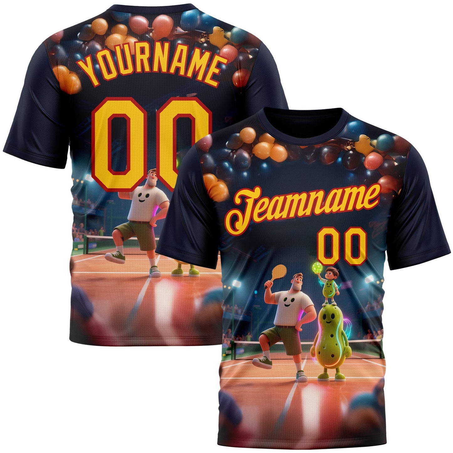 Custom Navy Yellow-Red 3D Happy Family Pickleball Paddles Balls Performance T-Shirt - Main View